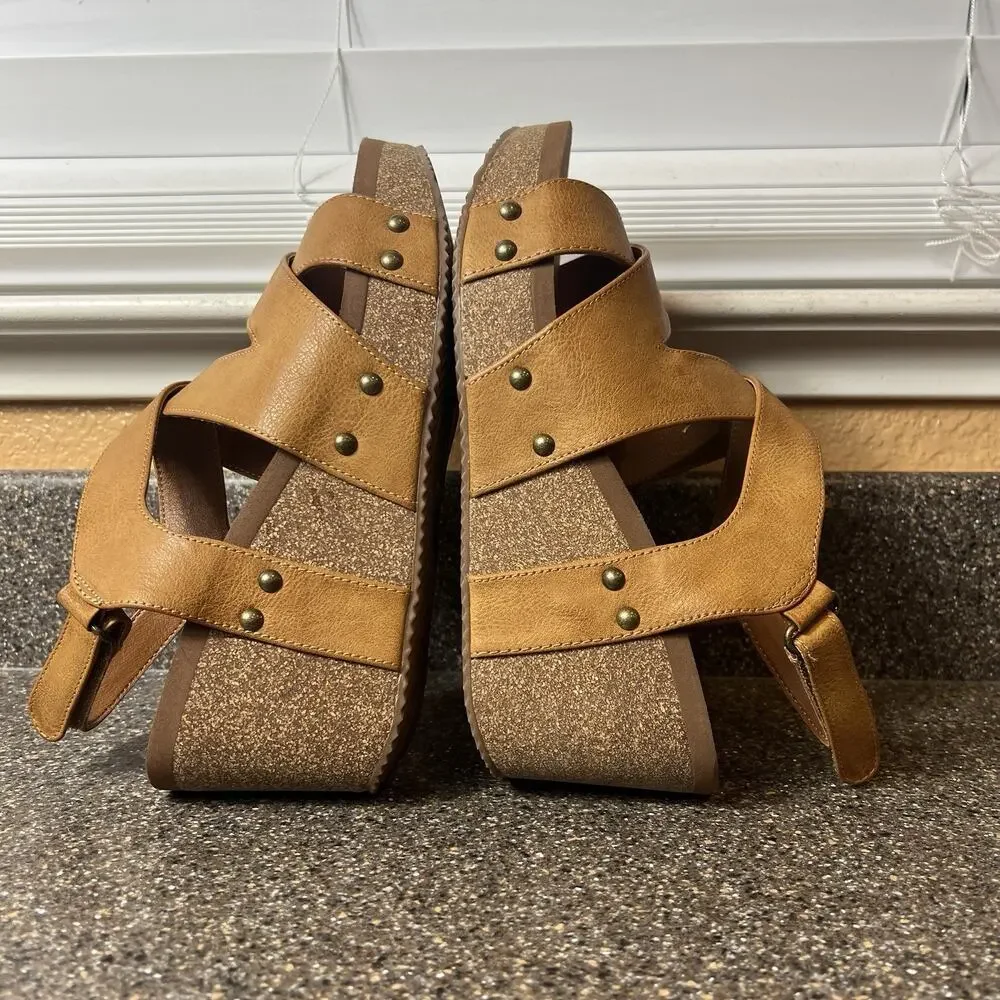 Volatile Mustard Faux Leather Sandals Womens 10 Sling Back Wedge Ankle Strap NEW